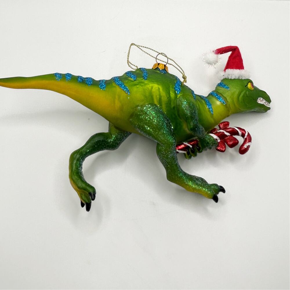 Robert Stanley T-Rex in Santa Hat Green Dinosaur Blown Glass Christmas Ornament